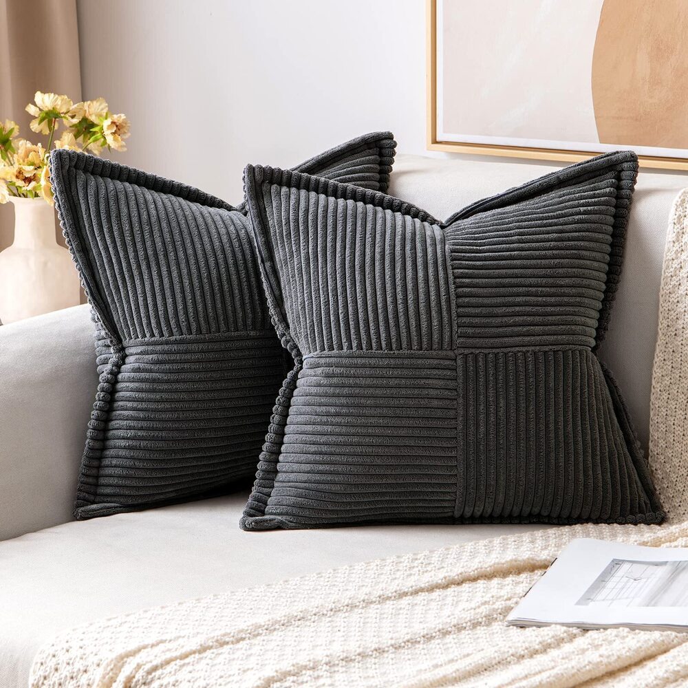 8427 Dark Grey Corduroy Pillow Covers 16x16 Inch with Splicing Set of 2